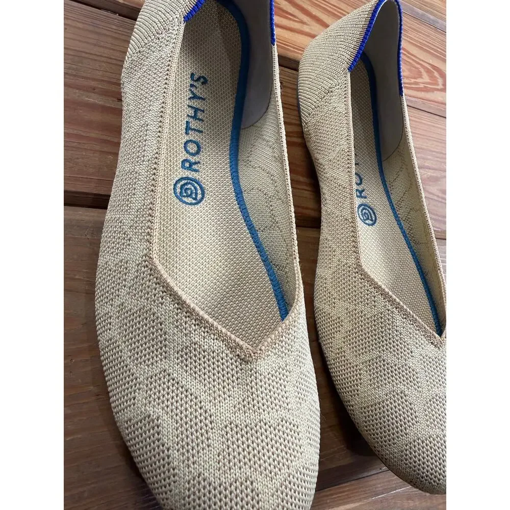 Rothy’s The Flat Beige Tan Knit Ballet Flats Blue Trim Women’s 9.5 Washable